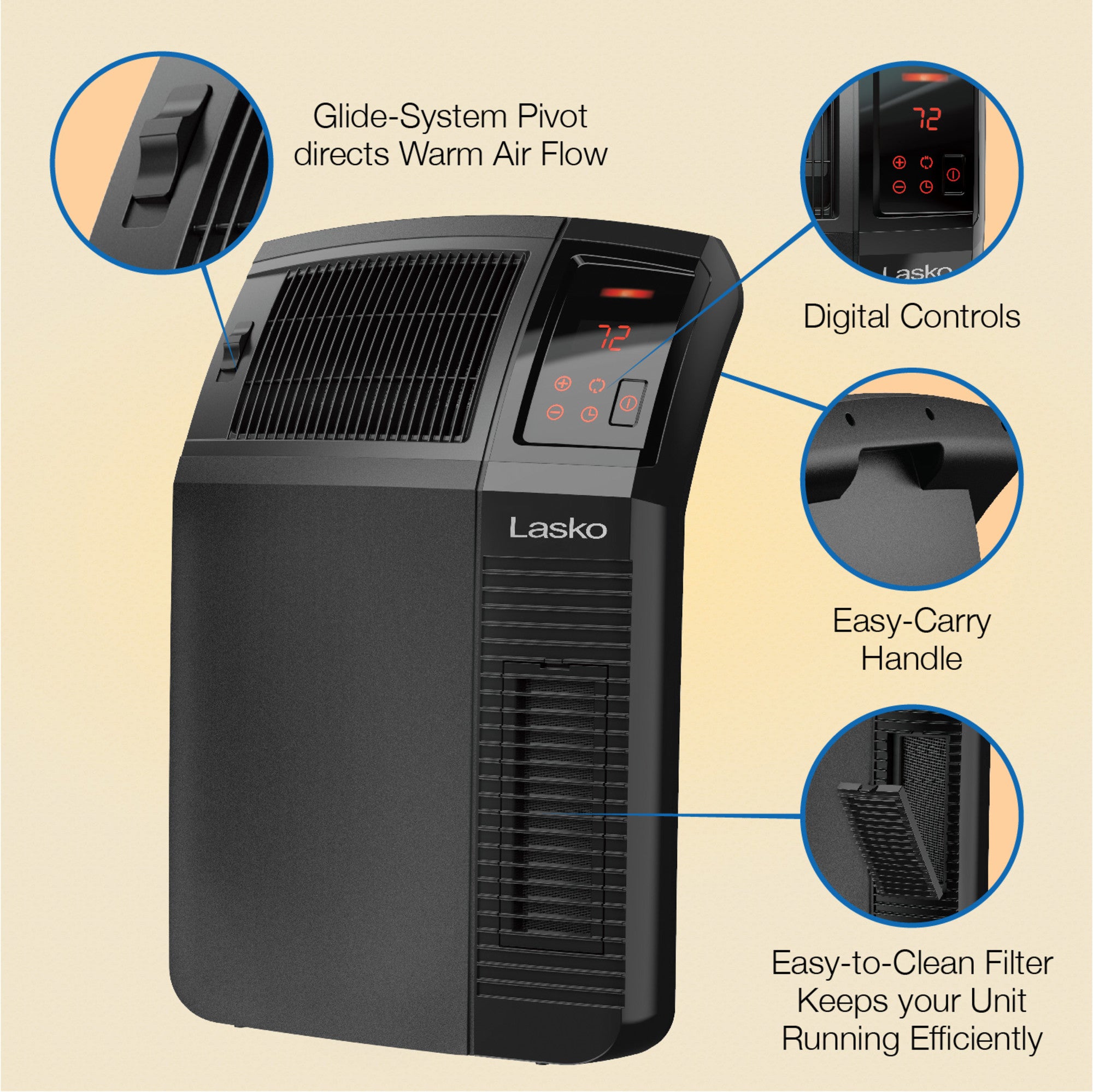 Lasko 23 Ceramic Console Space Heater: 2 Heat Settings. Timer. Adjustable Louvers. Thermostat. Black - Image 2