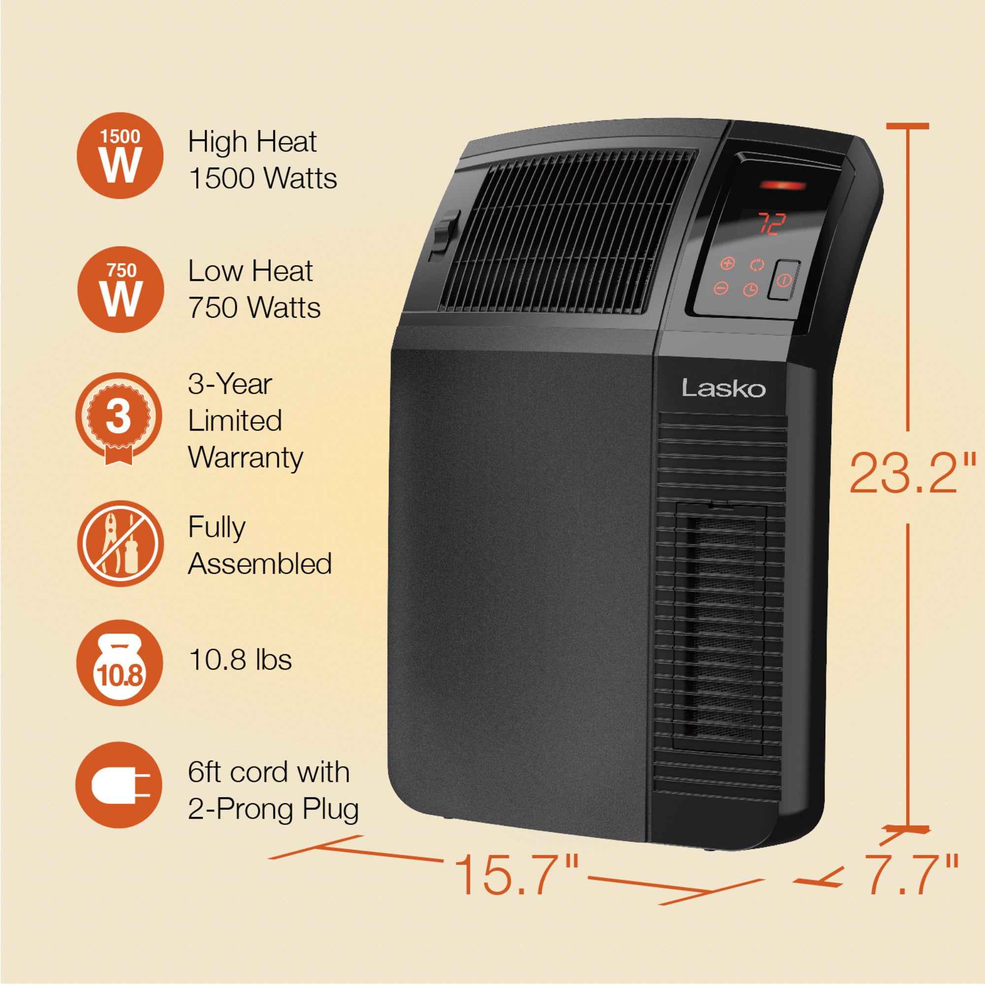 Lasko 23 Ceramic Console Space Heater: 2 Heat Settings. Timer. Adjustable Louvers. Thermostat. Black - Image 6