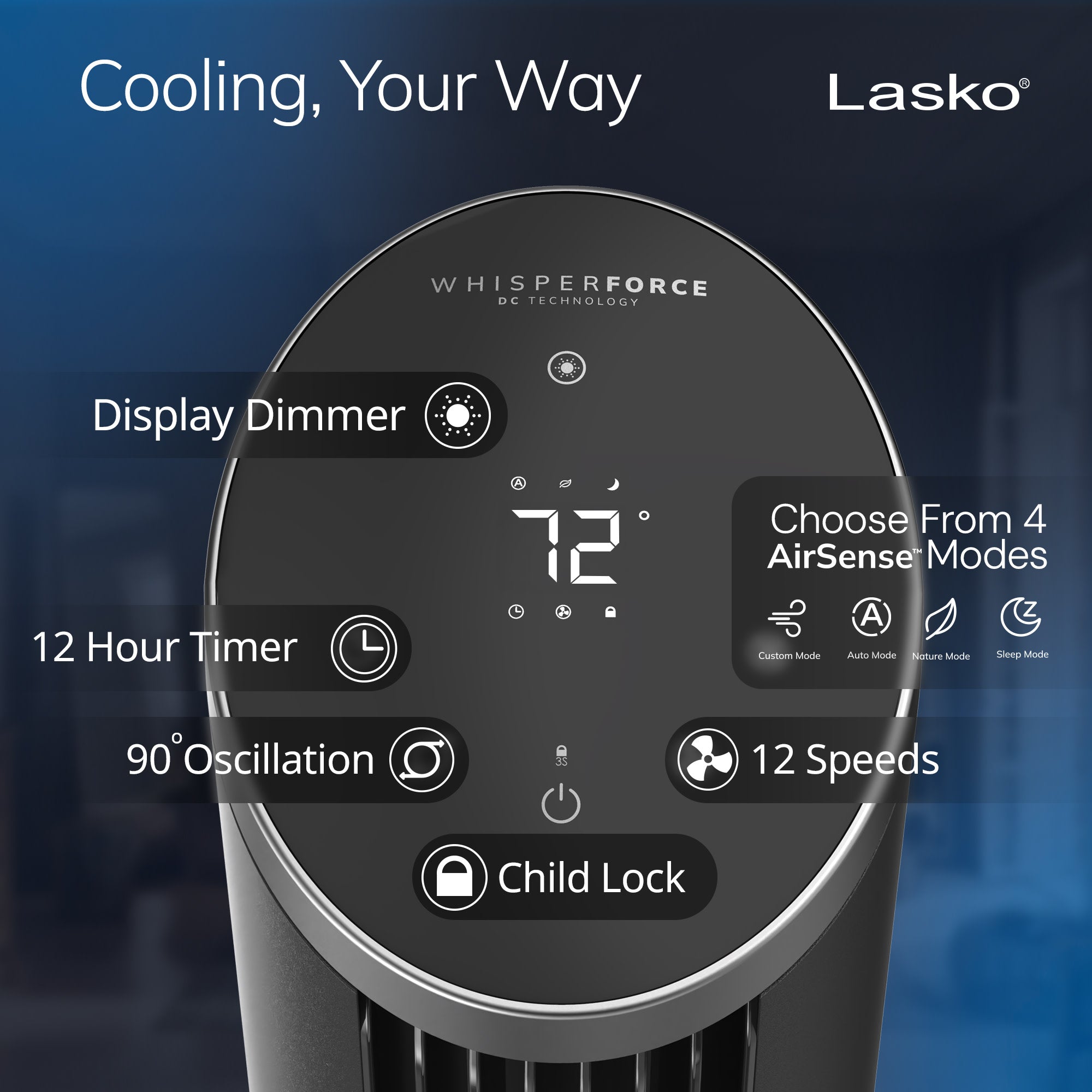 Lasko 42 DC Tower Fan: Oscillating. 12-Speed. Remote. Timer. Black - Image 6