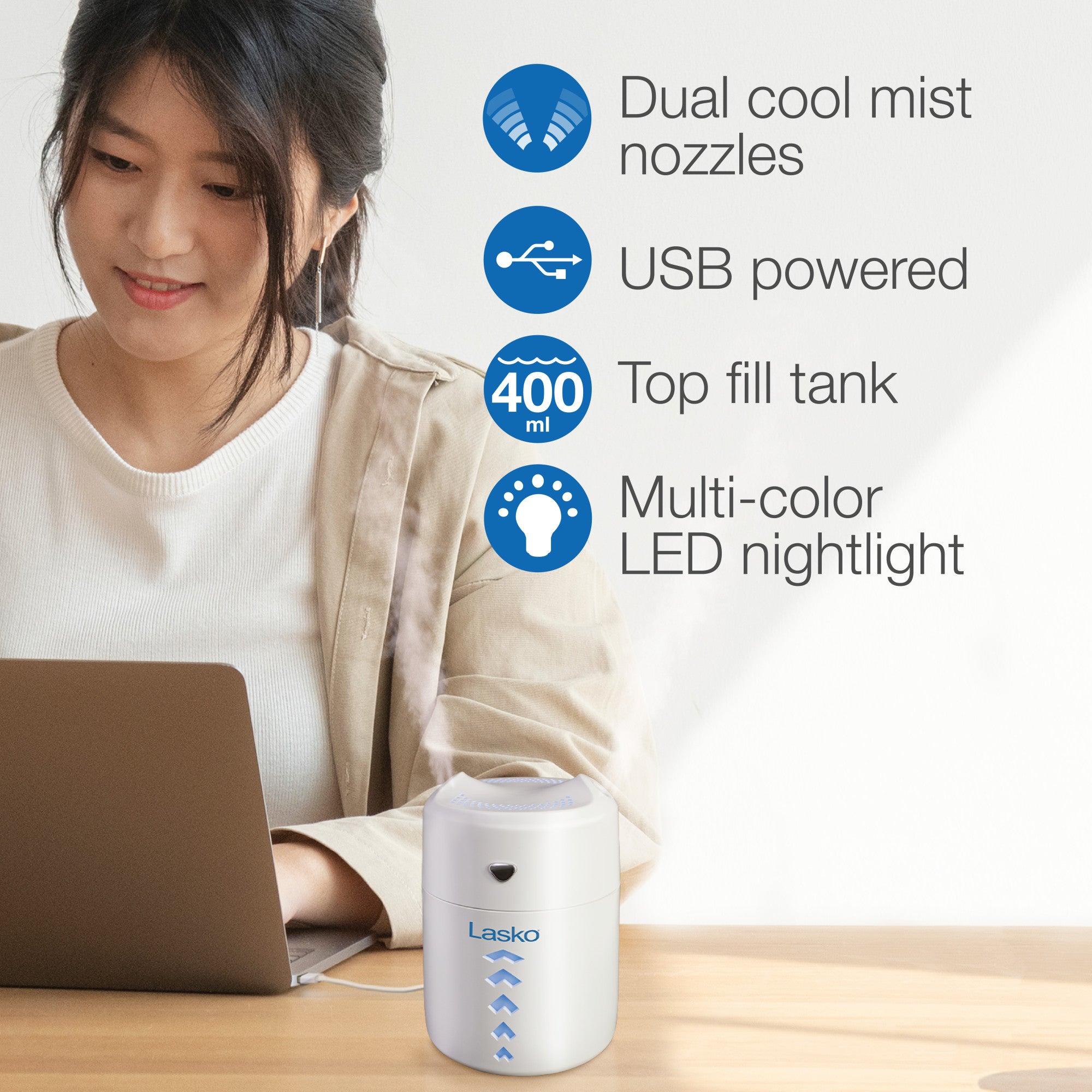 Lasko Ultrasonic Personal Cool Mist Humidifier with Nightlight. UH150. White - Image 4