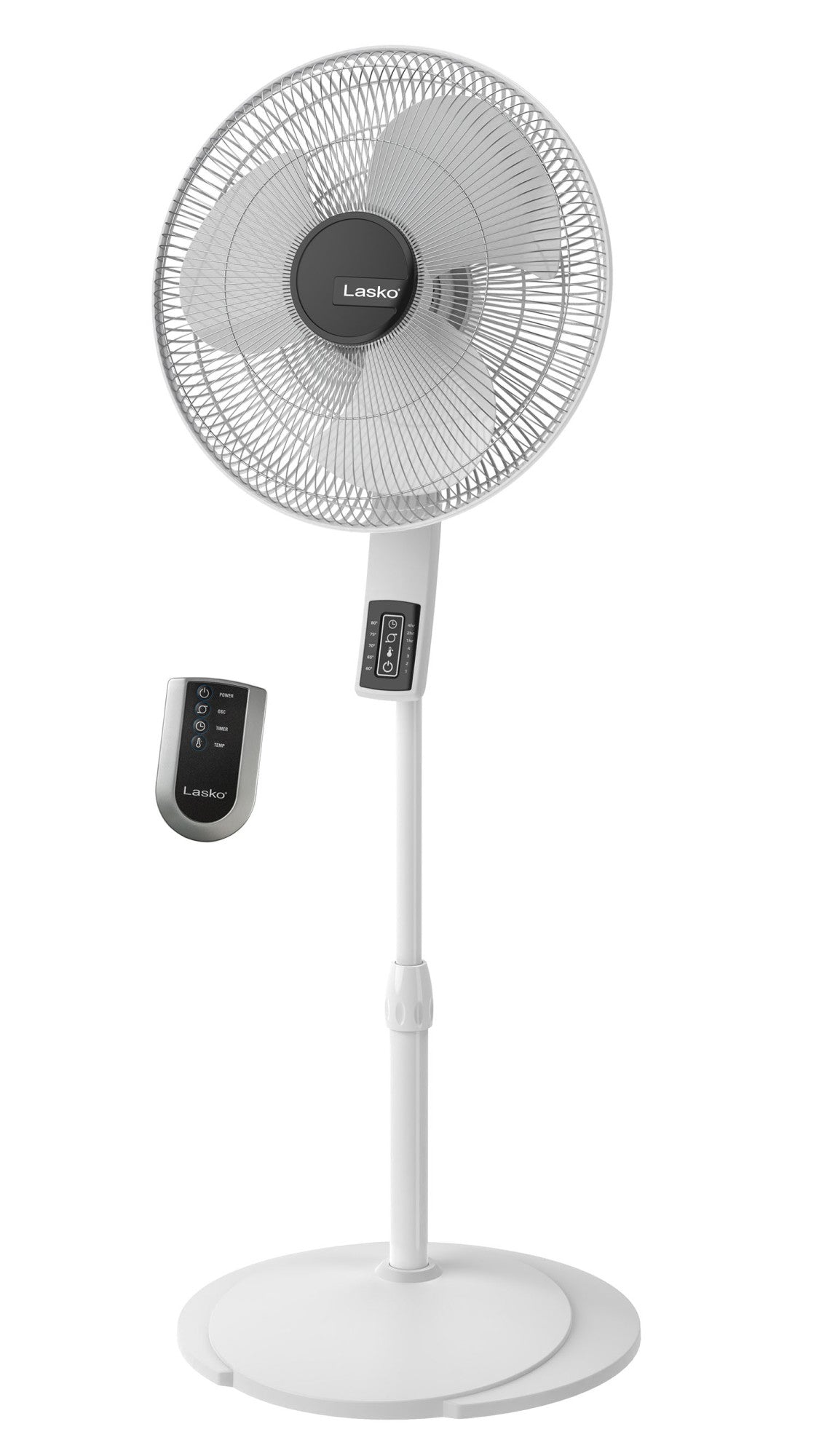 Lasko 16 Pedestal Fan: Oscillating. 4-Speed. Remote. Timer. Thermostat. White