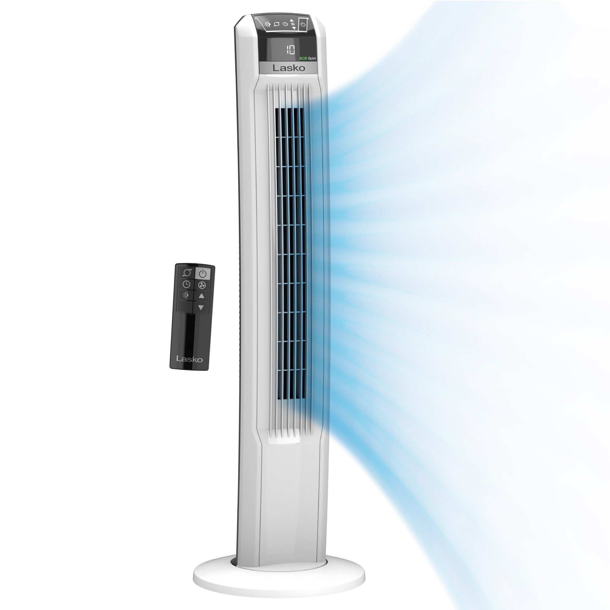 Lasko EcoQuiet 42 DC Tower Fan: Oscillating. 12-Speed. Remote. White