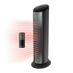 Lasko 22 Ceramic Tower Space Heater: Oscillating. 3 Heat Settings. Remote. Timer. Tip-Over Switch. Child Lock. Thermostat. Black