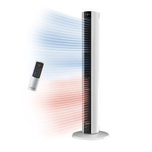 Lasko DUO Comfort 42 DC Tower Fan and Ceramic Space Heater: Oscillating. 3 Heat Settings. 8 Fan Speeds. Remote. Timer. Tip-Over Switch. Child Lock. White