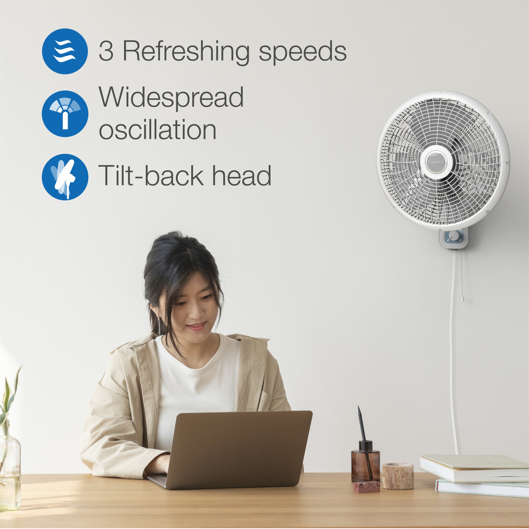 Lasko 16 Wall Mount Fan: Oscillating. 3-Speed. Tilting Head. White - Image 4