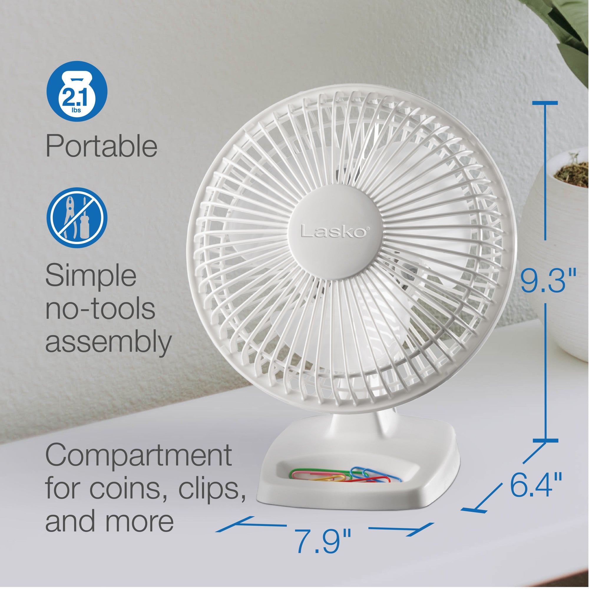 Lasko 6 Personal Table Fan: 2-Speed. Tilting Head. Storage Tray. White - Image 6