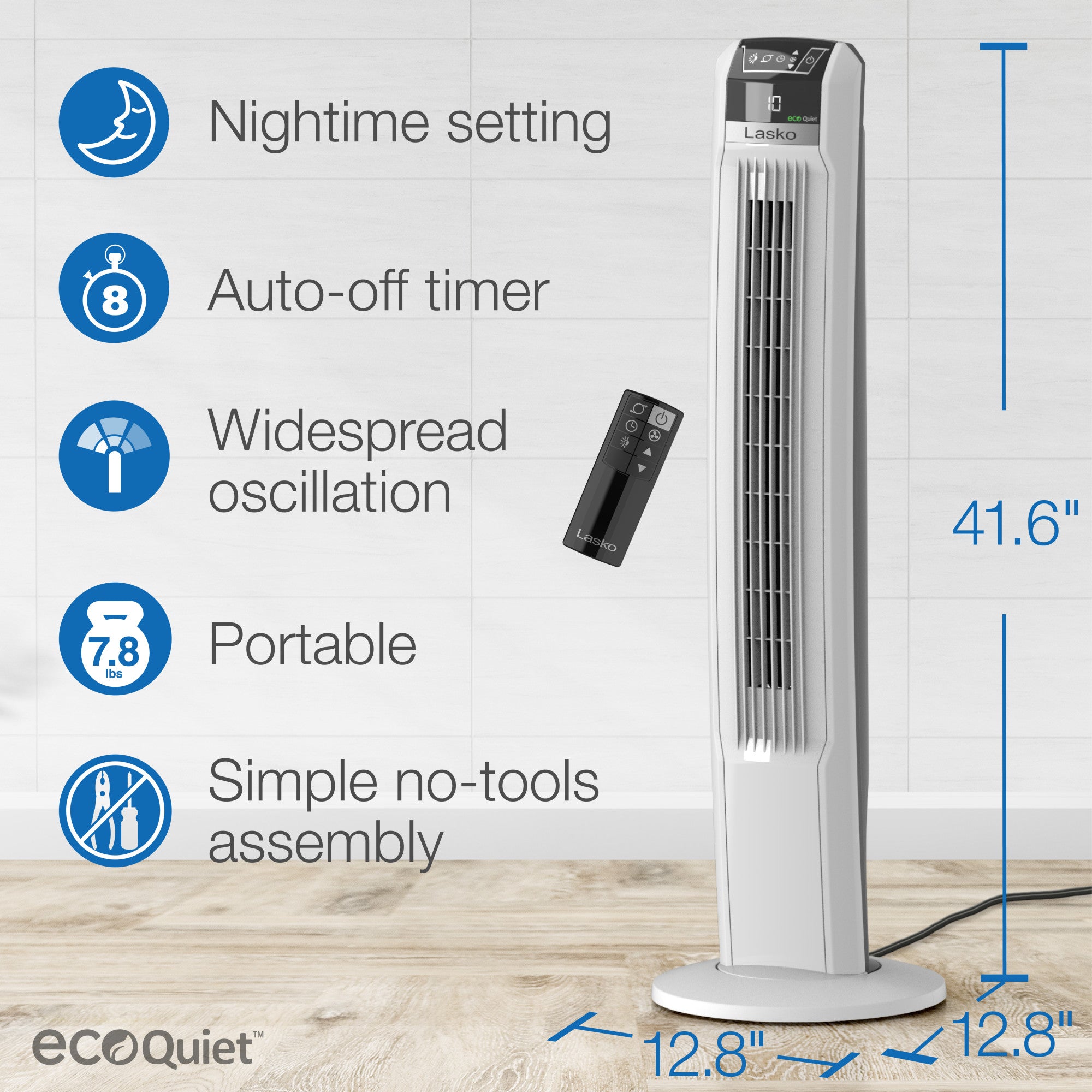 Lasko EcoQuiet 42 DC Tower Fan: Oscillating. 12-Speed. Remote. White - Image 6