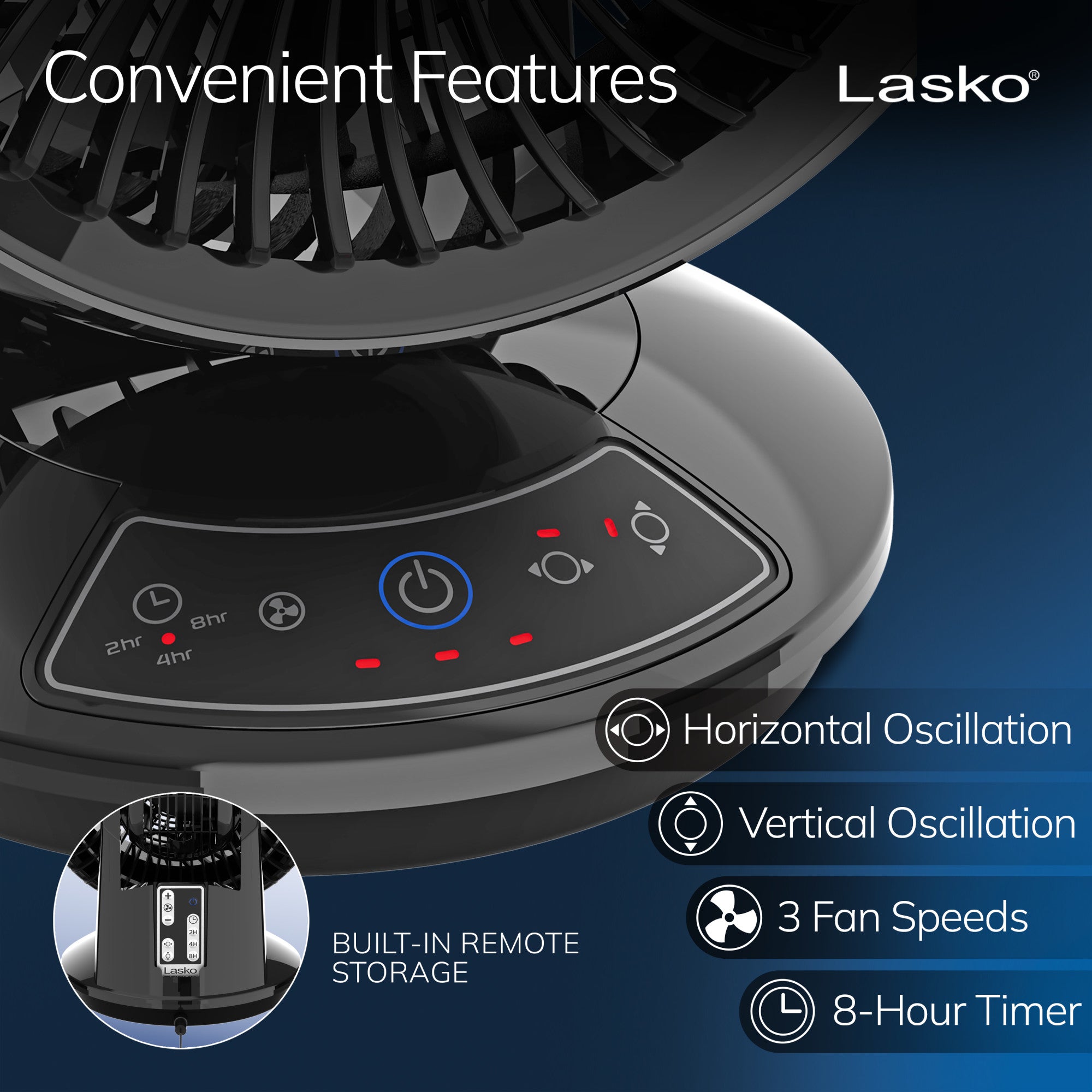 Lasko Whirlwind 7 Table Fan: Dual Oscillation. 3-Speed. Remote. Black - Image 4