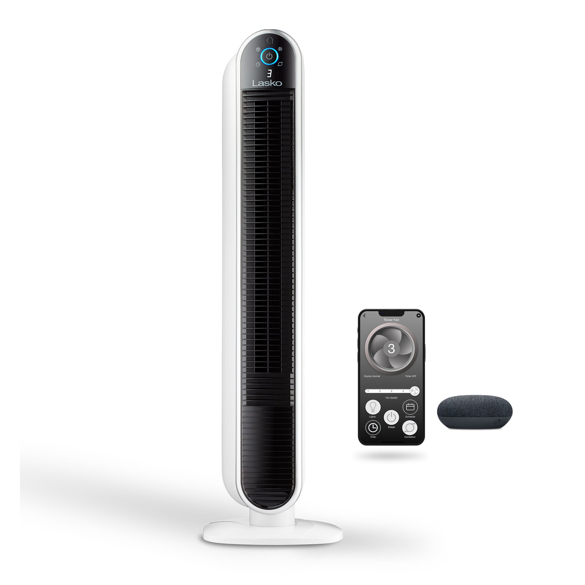Lasko 40 Smart Tower Fan: Oscillating. 5-Speed. Timer. Wi-Fi. White