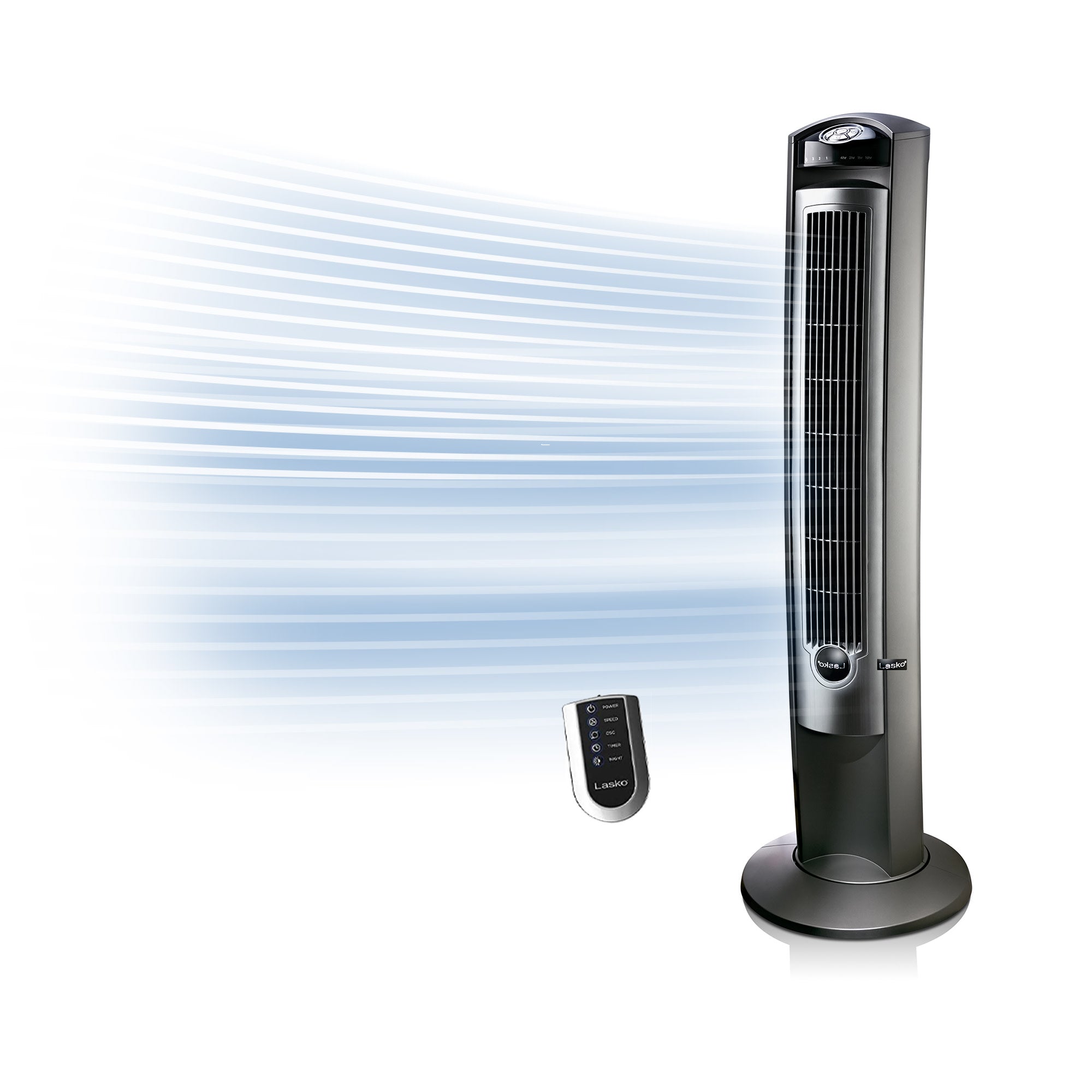 Lasko Wind Curve 42 Tower Fan: Oscillating. 3-Speed. Remote. Timer. Silver