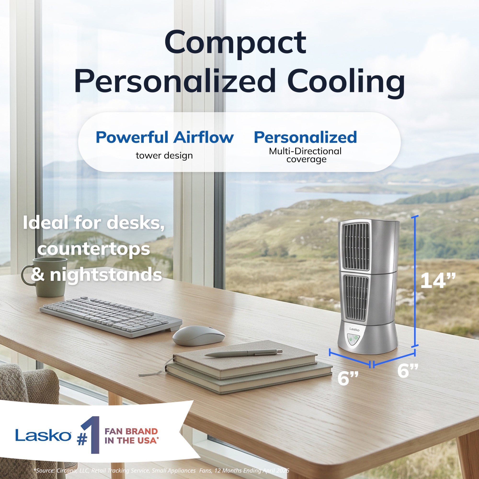 Lasko Wind Tower 14 Table Fan: Oscillating. 3-Speed. Pivoting. Gray - Image 2