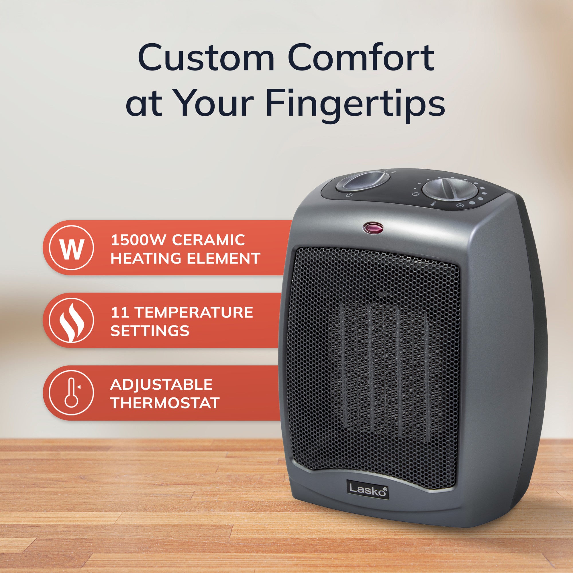Lasko 9 Ceramic Space Heater: 2 Heat Settings. Tip-Over Switch. Thermostat. Gray - Image 6