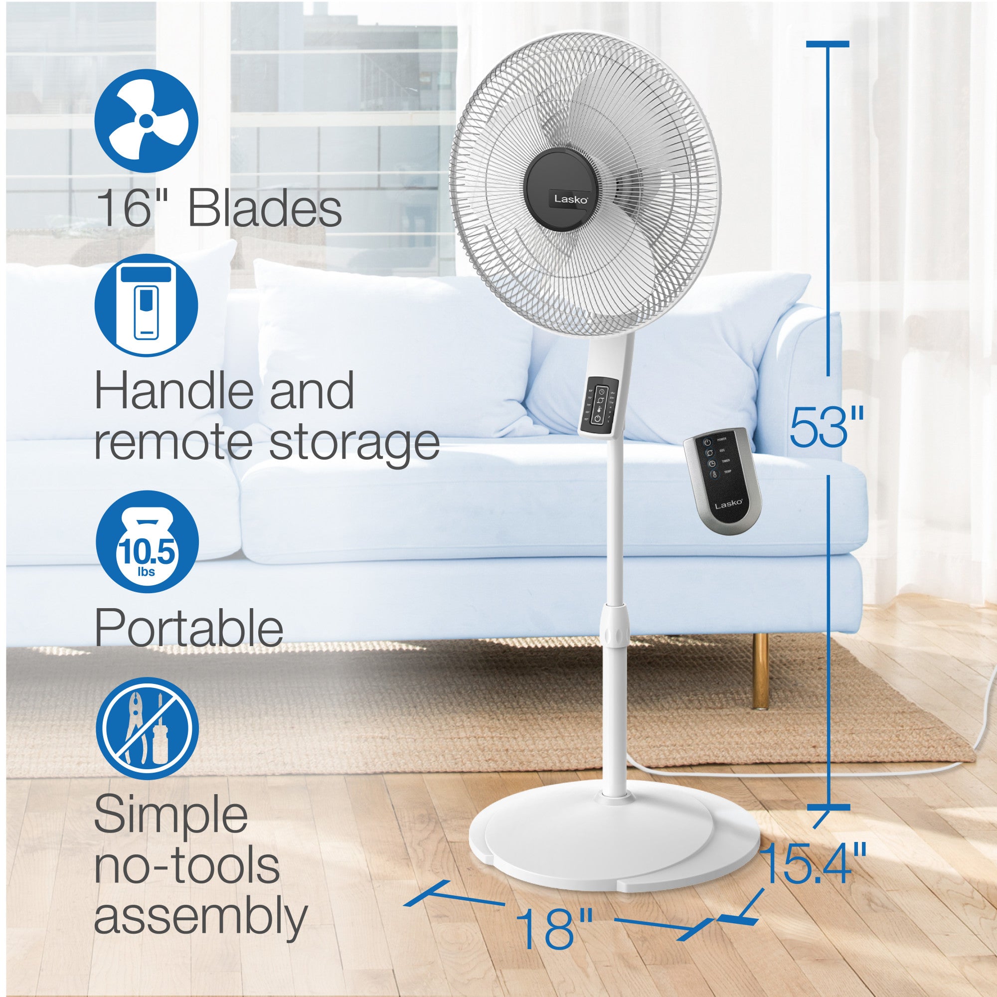 Lasko 16 Pedestal Fan: Oscillating. 4-Speed. Remote. Timer. Thermostat. White - Image 6