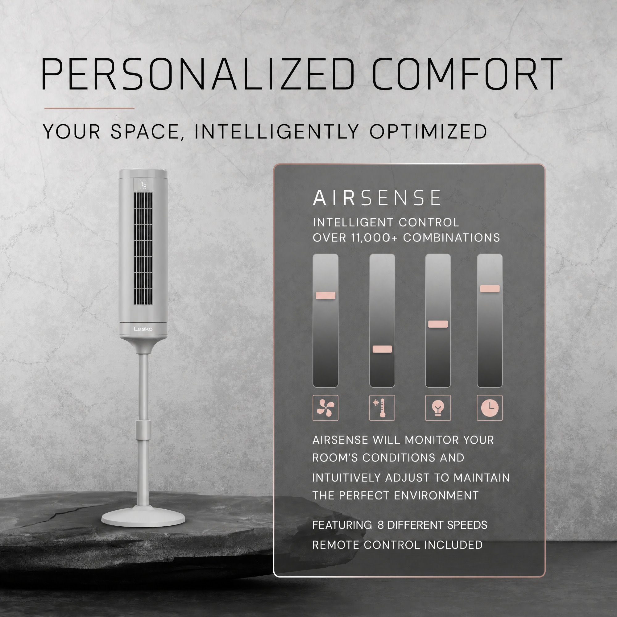 Lasko Elevation 54 DC Pedestal Tower Fan: Oscillating. 8-Speed. Remote. Gray - Image 6