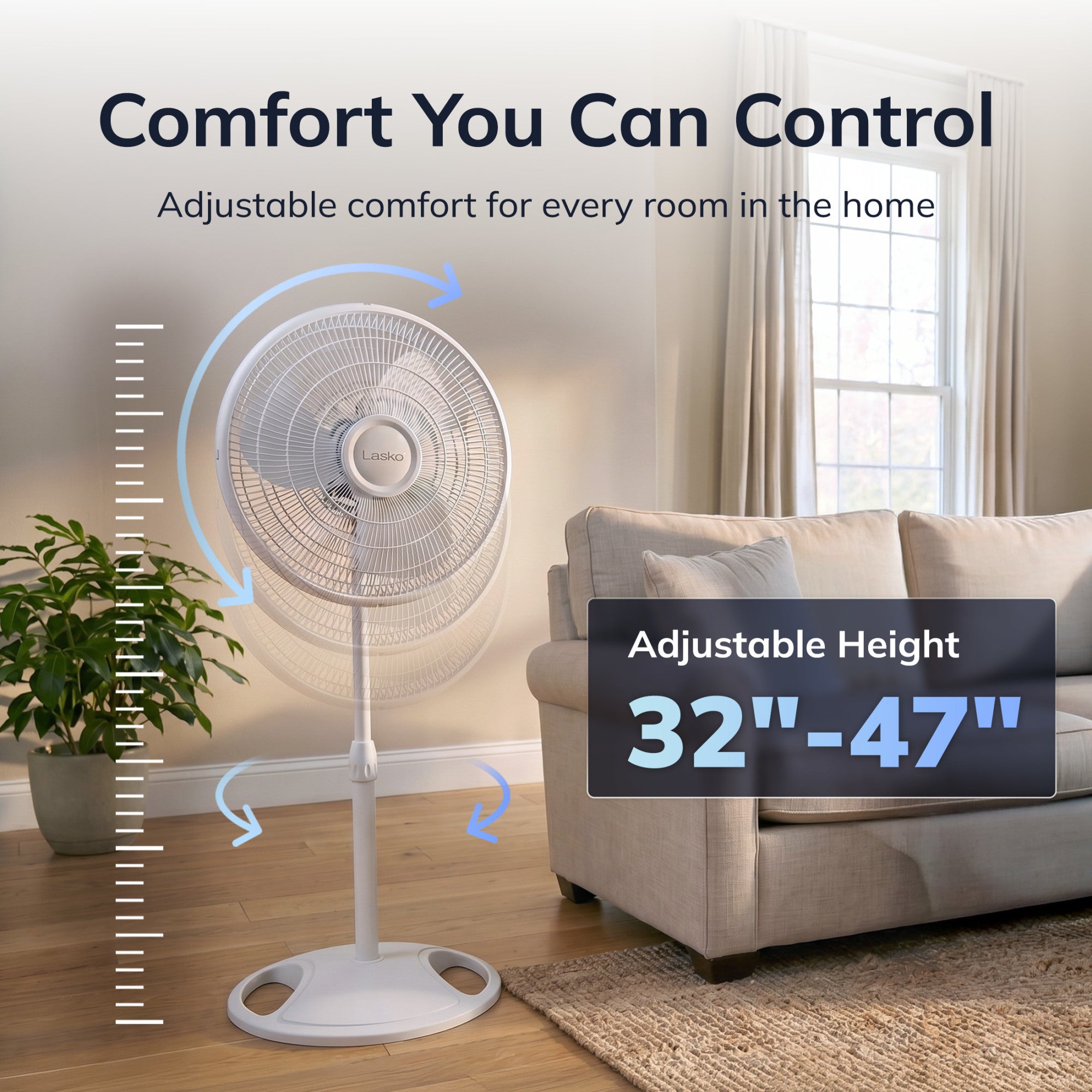 Lasko 16 Pedestal Fan: Oscillating. 3-Speed. Adjustable Height. White - Image 2