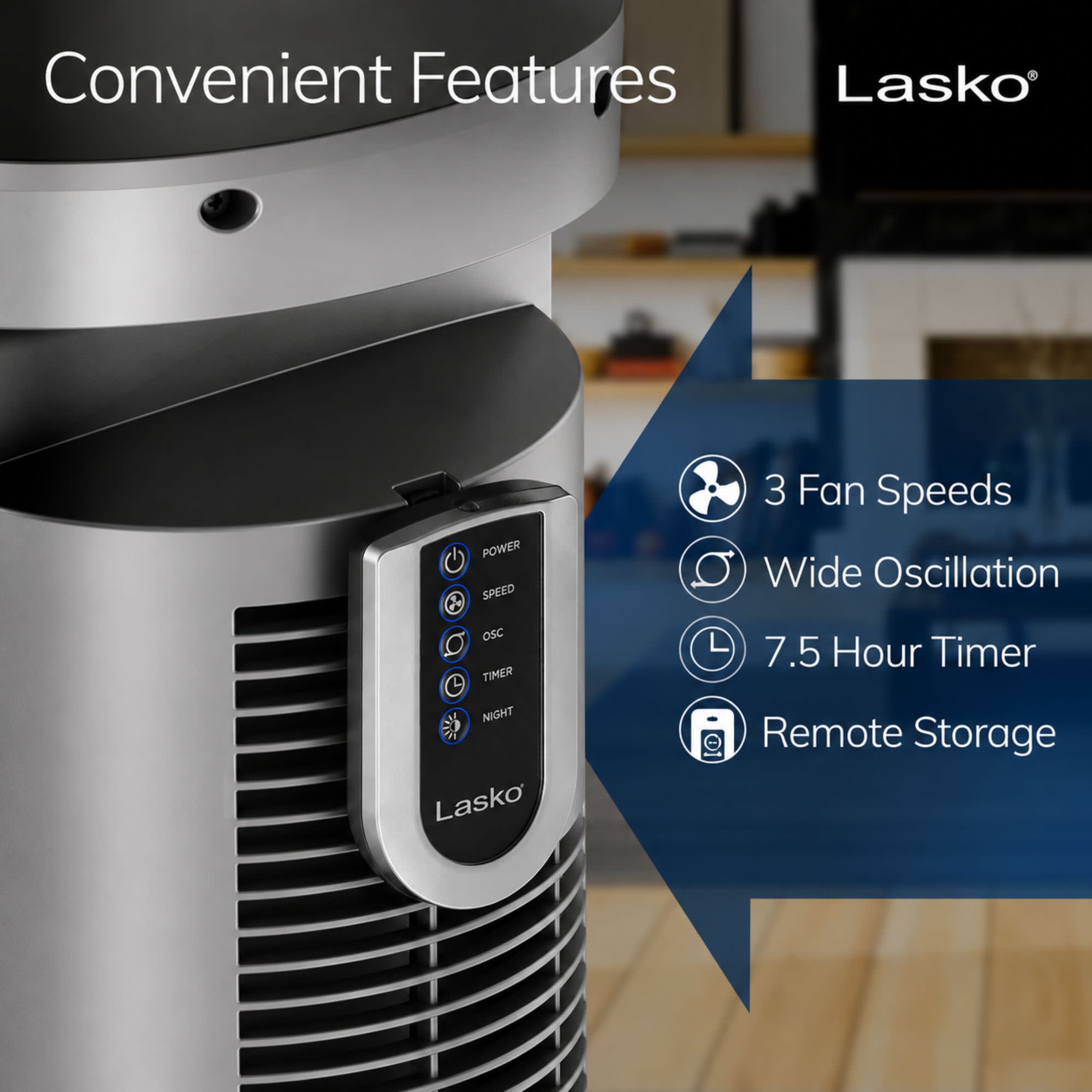 Lasko Wind Curve 42 Tower Fan: Oscillating. 3-Speed. Remote. Timer. Gray - Image 4