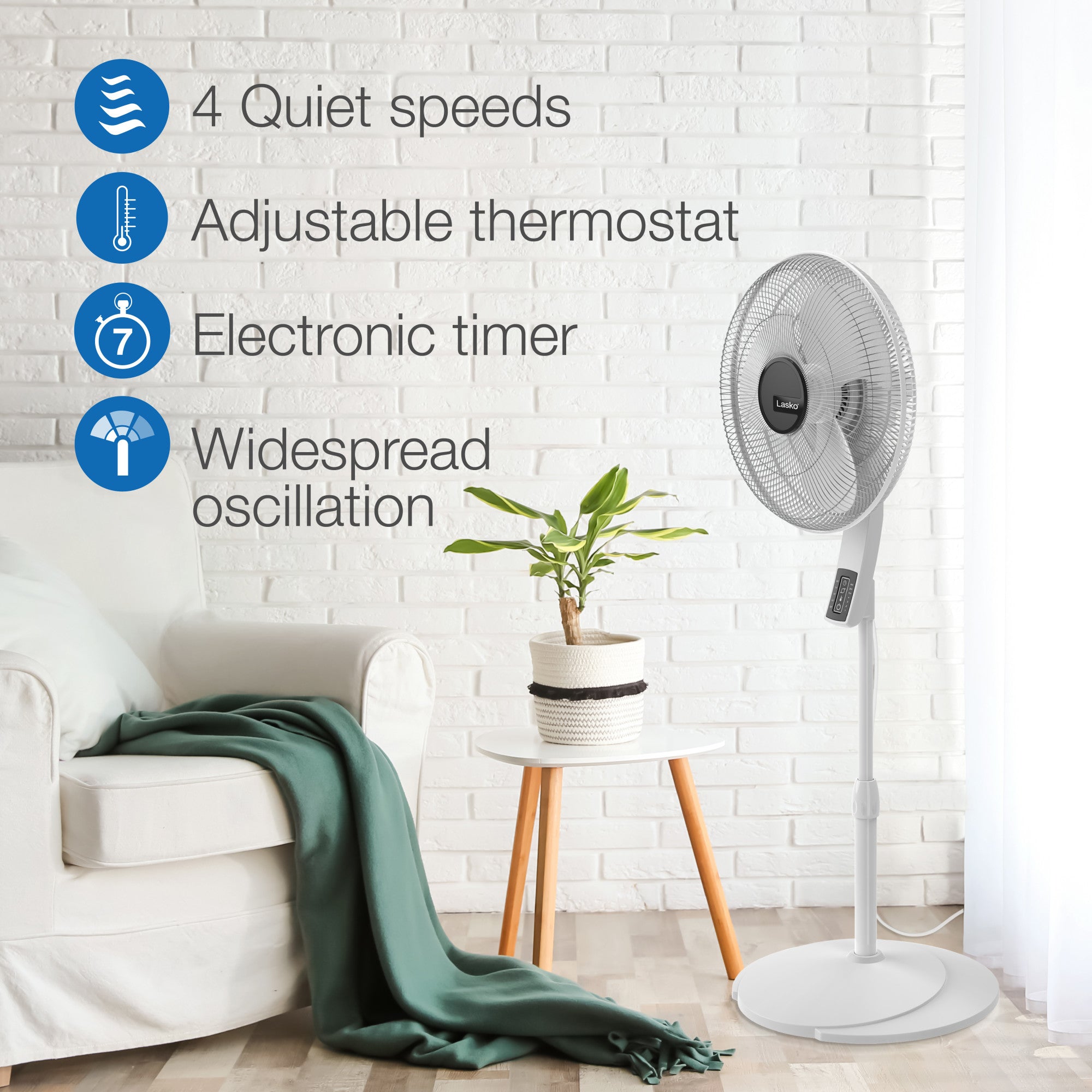 Lasko 16 Pedestal Fan: Oscillating. 4-Speed. Remote. Timer. Thermostat. White - Image 4