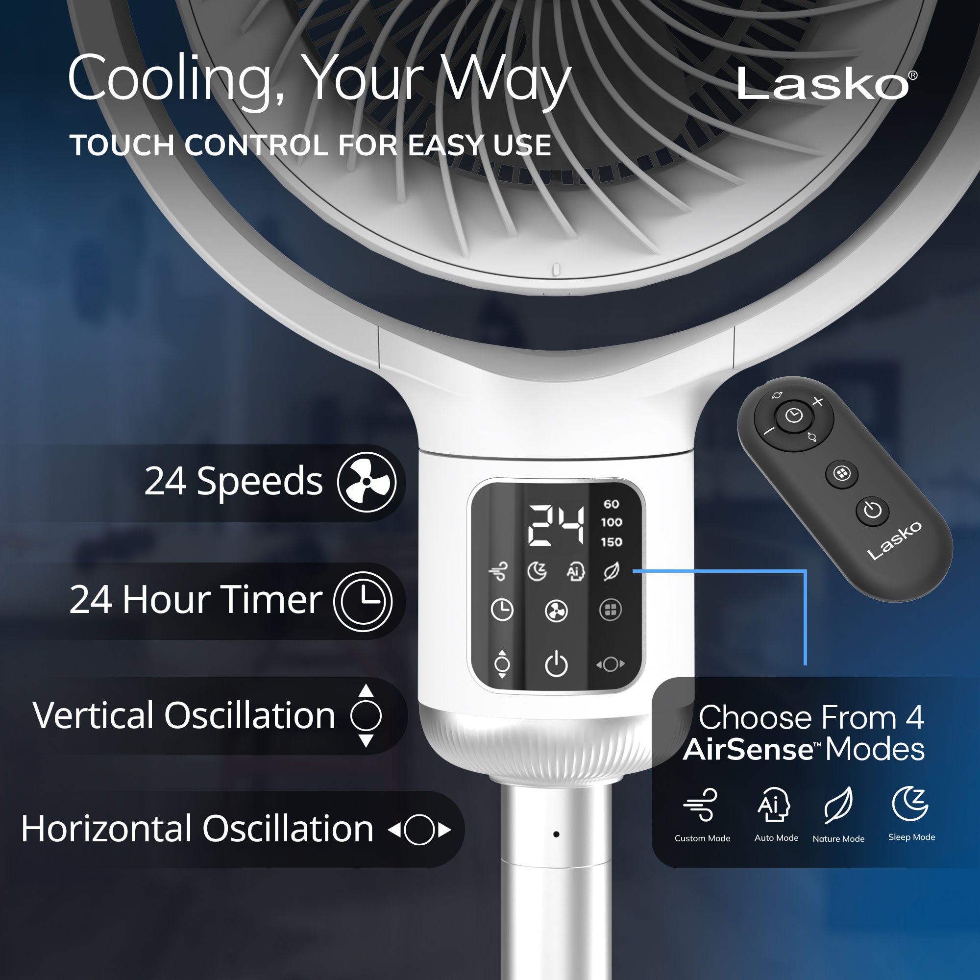 Lasko Whirlwind 7 DC Pedestal Fan: Dual Oscillation. 24-Speed. Remote. Timer. White - Image 9