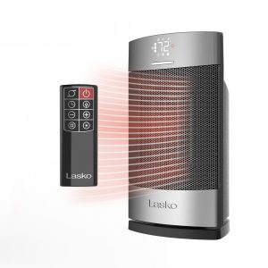 Lasko Ellipse 12 Ceramic Tower Space Heater: Oscillating. 3 Heat Settings. Remote. Timer. Tip-Over Switch. Child Lock. Thermostat. Silver